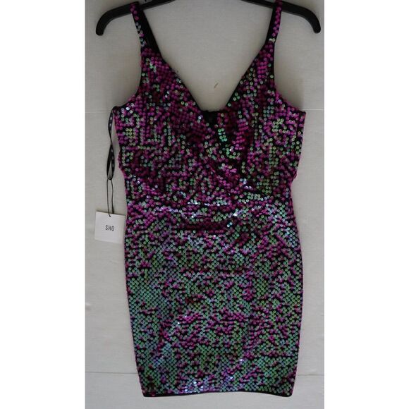 SHO x Tadashi Shoji Sz Small Hot Pink Sequin Surplice Neck Body-Con Dress - Picture 7 of 16